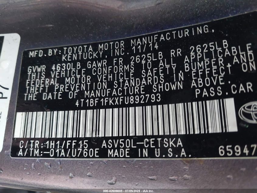 2015 Toyota Camry Se VIN: 4T1BF1FKXFU892793 Lot: 42686685