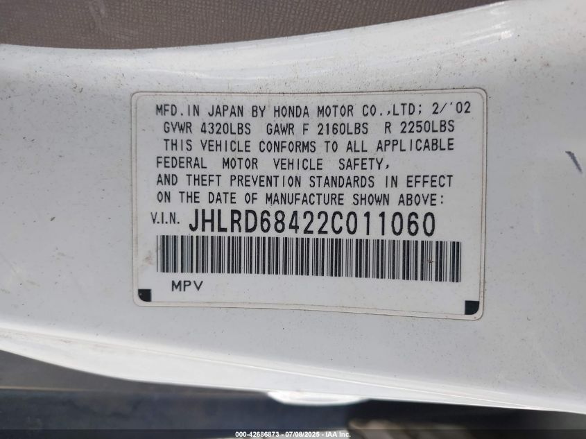 2002 Honda Cr-V Lx VIN: JHLRD68422C011060 Lot: 42686873