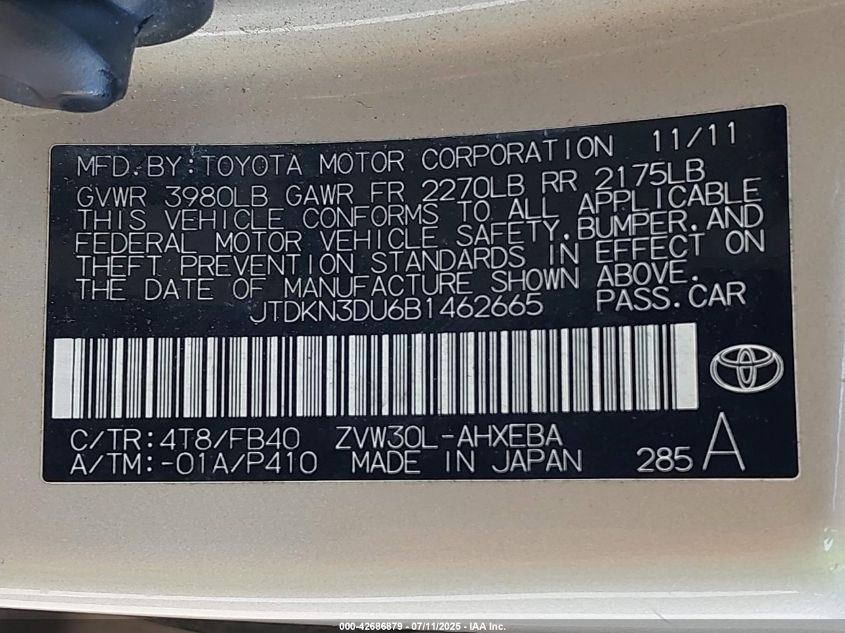 2011 Toyota Prius Three VIN: JTDKN3DU6B1462665 Lot: 42686879