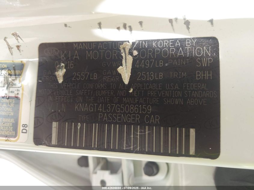 2016 Kia Optima Lx VIN: KNAGT4L37G5086159 Lot: 42686888