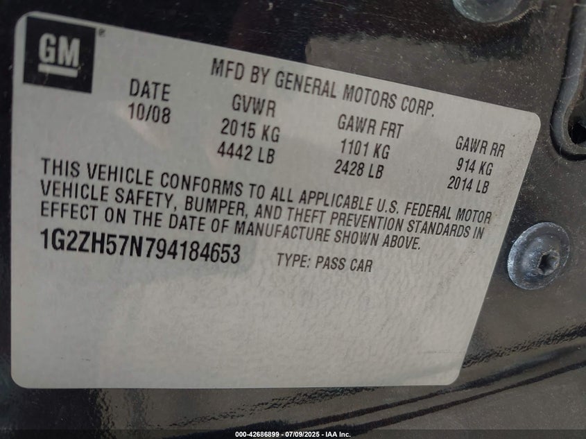 2009 PONTIAC G6 VIN: 1G2ZH57N794184653