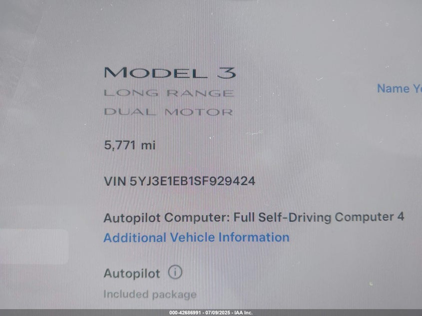 2025 Tesla Model 3 Long Range All-Wheel Drive VIN: 5YJ3E1EB1SF929424 Lot: 42686991