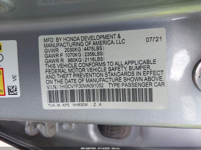 2021 Honda Accord Sport VIN: 1HGCV1F30MA091052 Lot: 42687085