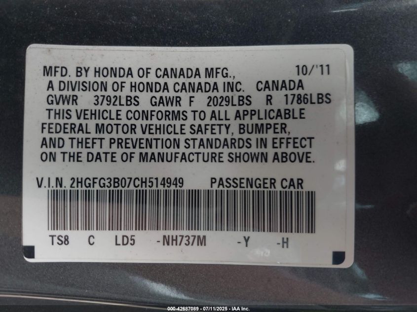 2012 Honda Civic Ex-L VIN: 2HGFG3B07CH514949 Lot: 42687089