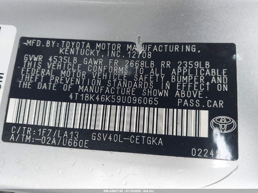 2009 Toyota Camry Se/Le/Xle VIN: 4T1BK46K59U096065 Lot: 42687145