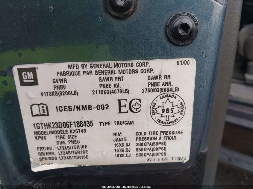 2006 GMC Sierra 2500Hd Sl/Sle1/Sle2/Slt/Work Truck VIN: 1GTHK23D06F188435 Lot: 42687200