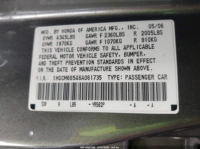2006 HONDA ACCORD VIN: 1HGCM66546A061735