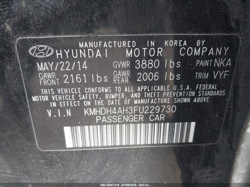 2015 HYUNDAI ELANTRA VIN: KMHDH4AH3FU229730