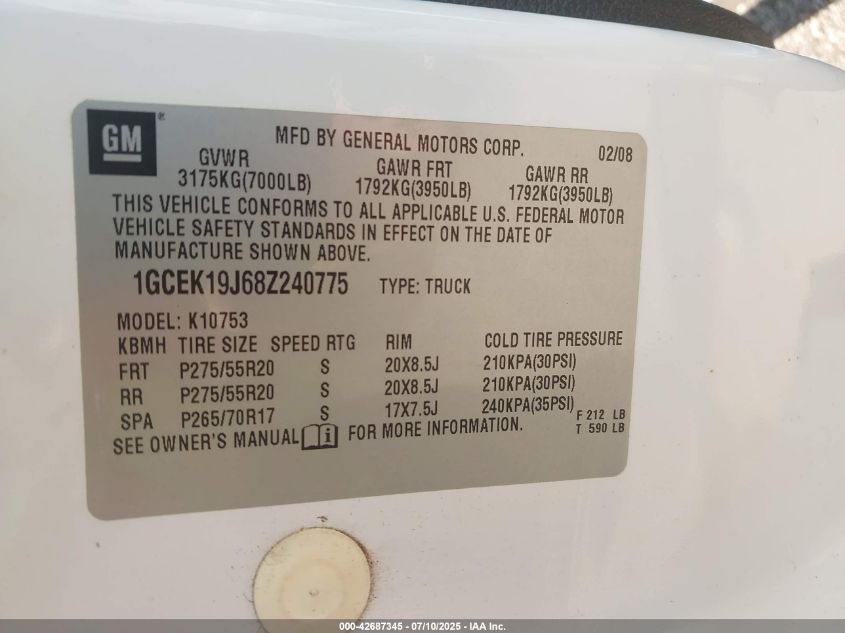 2008 Chevrolet Silverado 1500 Lt1 VIN: 1GCEK19J68Z240775 Lot: 42687345
