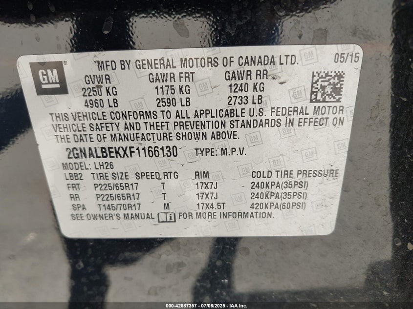 2015 CHEVROLET EQUINOX 1LT - 2GNALBEKXF1166130