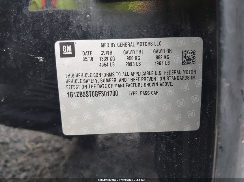 2016 Chevrolet Malibu Ls VIN: 1G1ZB5ST0GF301700 Lot: 42687362