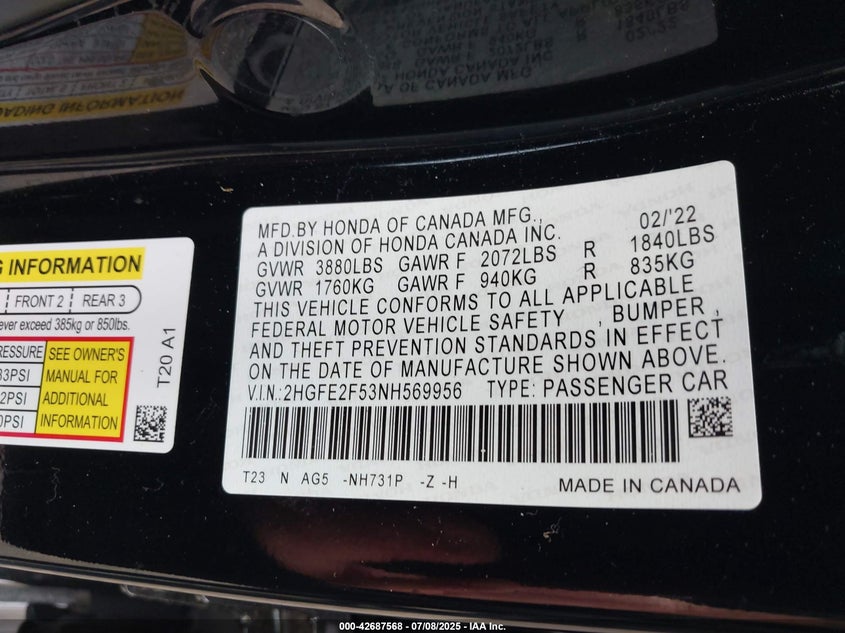 2HGFE2F53NH569956 2022 HONDA CIVIC photo no. 9