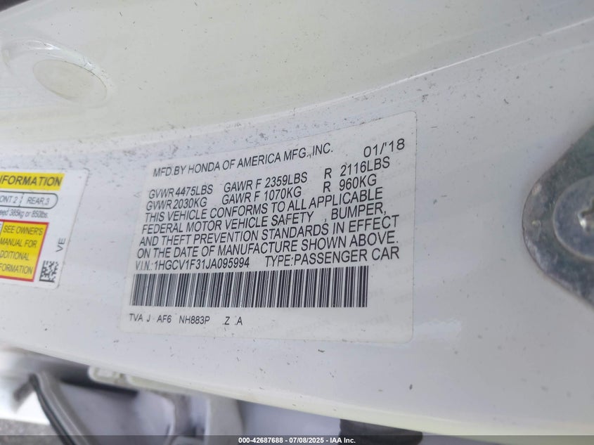 2018 Honda Accord Sport VIN: 1HGCV1F31JA095994 Lot: 42687688