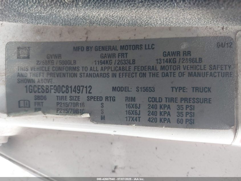 2012 Chevrolet Colorado Work Truck VIN: 1GCESBF90C8149712 Lot: 42687940