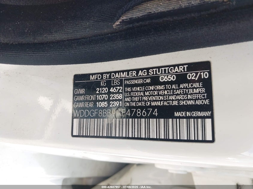 2010 MERCEDES-BENZ C 300 VIN: WDDGF8BB9AF478674