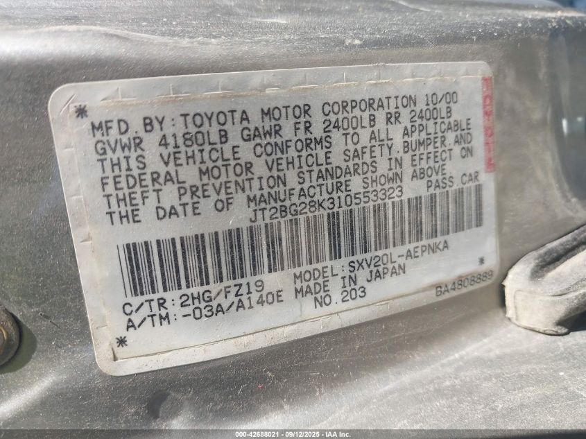 2001 Toyota Camry Le VIN: JT2BG28K310553323 Lot: 42688021