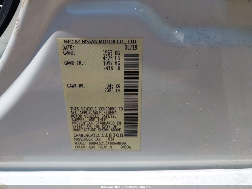 2020 Nissan Altima Sr Fwd VIN: 1N4BL4CV3LC118308 Lot: 42688043