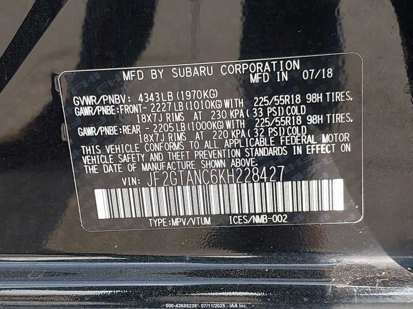 2019 SUBARU CROSSTREK VIN: JF2GTANC6KH228427