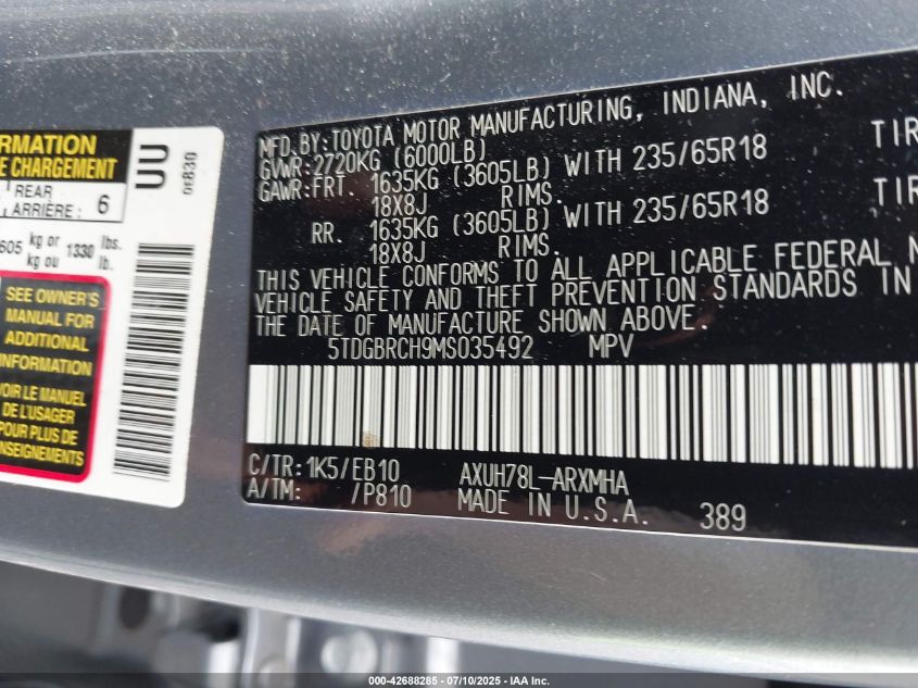 2021 Toyota Highlander - 5TDGBRCH9MS035492