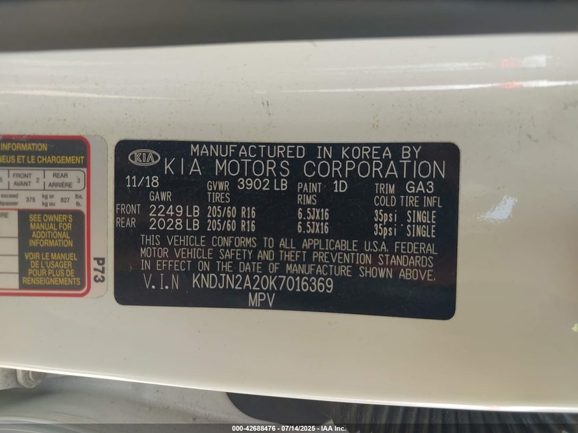 2019 Kia Soul VIN: KNDJN2A20K7016369 Lot: 42688476