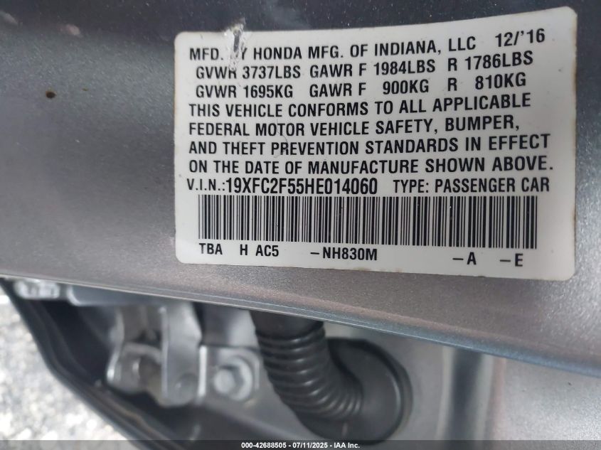 2017 Honda Civic Lx VIN: 19XFC2F55HE014060 Lot: 42688505