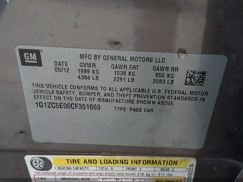 2012 Chevrolet Malibu 1Lt VIN: 1G1ZC5E06CF351669 Lot: 42688585