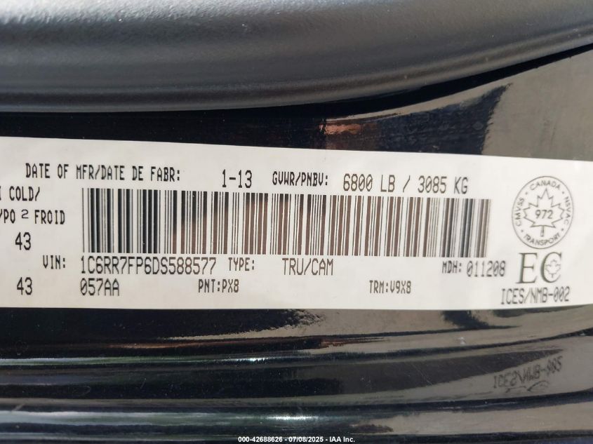 2013 Ram 1500 Tradesman VIN: 1C6RR7FP6DF588577 Lot: 42688626