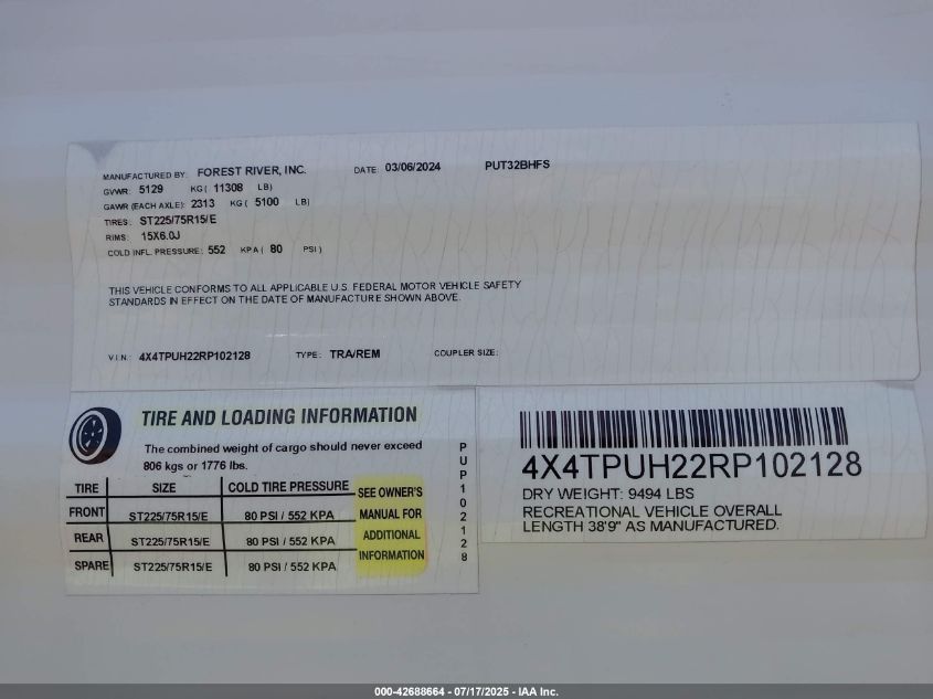 2024 Puma Palomino 35' Bumper Pull VIN: 4X4TPUH22RP102128 Lot: 42688664