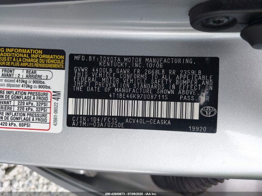 2007 Toyota Camry Se VIN: 4T1BE46K97U087115 Lot: 42688673