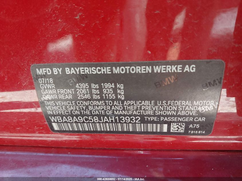 2018 BMW 320I VIN: WBA8A9C58JAH13932 Lot: 42688692