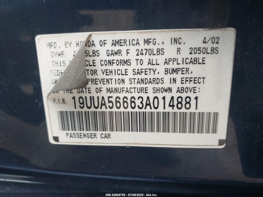 2003 Acura Tl 3.2 VIN: 19UUA56663A014881 Lot: 42688750