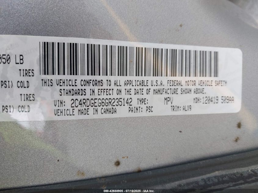 2016 Dodge Grand Caravan R/T VIN: 2C4RDGEG6GR235142 Lot: 42688905