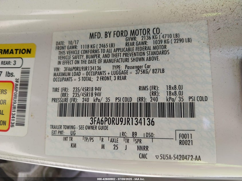 2018 FORD FUSION VIN: 3FA6P0RU9JR134136