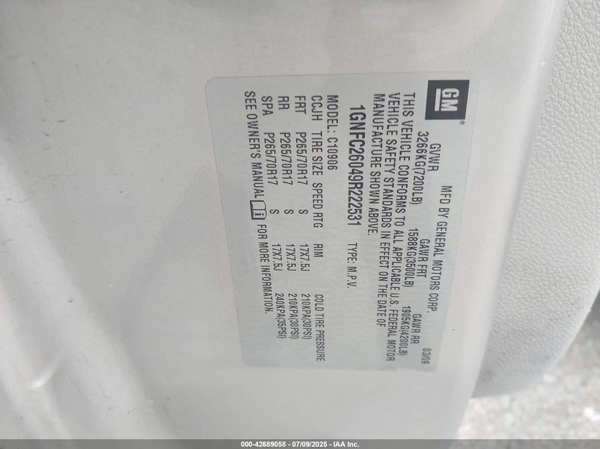 2009 Chevrolet Suburban 1500 Lt2 VIN: 1GNFC26049R222531 Lot: 42689058