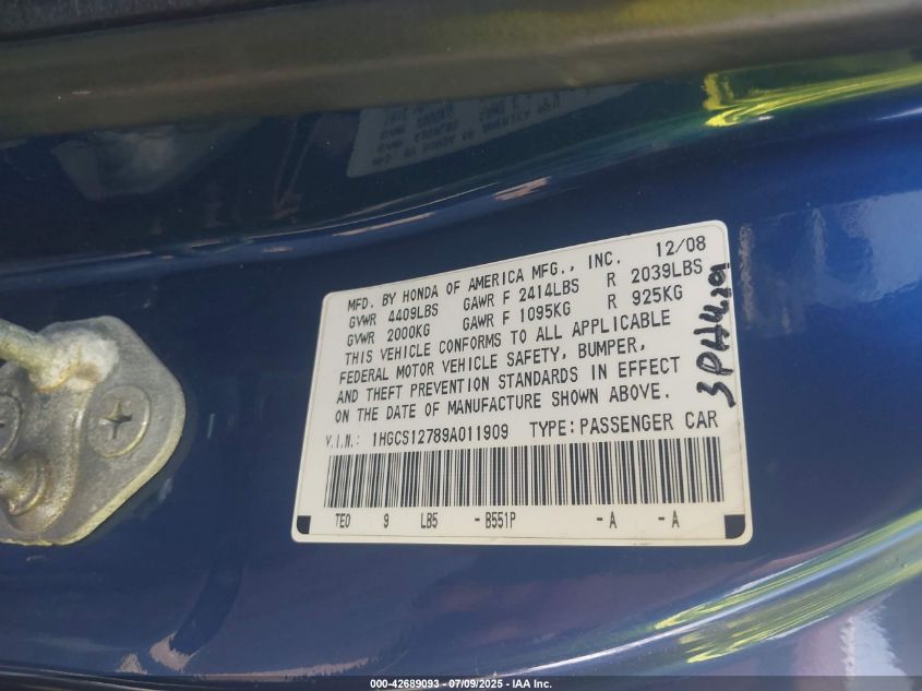2009 Honda Accord 2.4 Ex VIN: 1HGCS12789A011909 Lot: 42689093