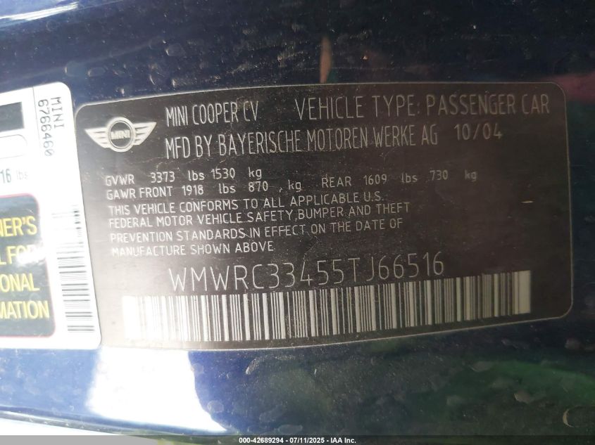 2005 Mini Cooper VIN: WMWRC33455TJ66516 Lot: 42689294