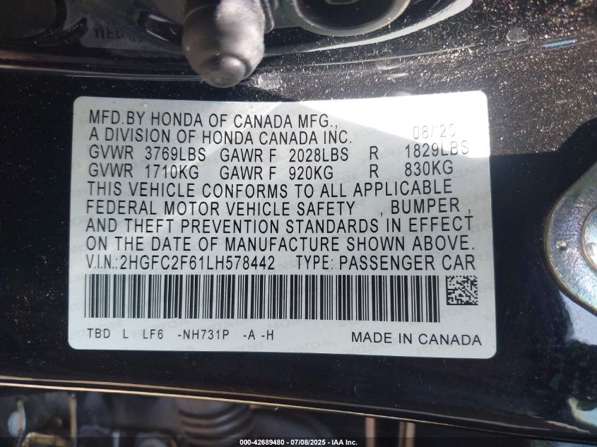 2020 HONDA CIVIC LX - 2HGFC2F61LH578442