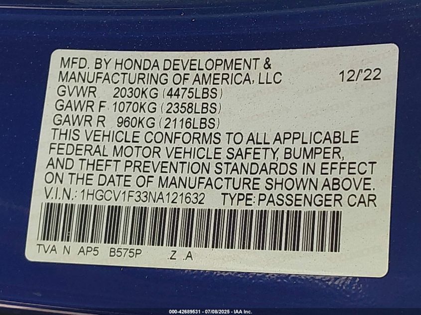 2022 Honda Accord Sport VIN: 1HGCV1F33NA121632 Lot: 42689531