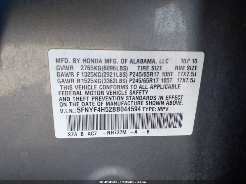 2011 Honda Pilot Ex-L VIN: 5FNYF4H52BB044594 Lot: 42689687