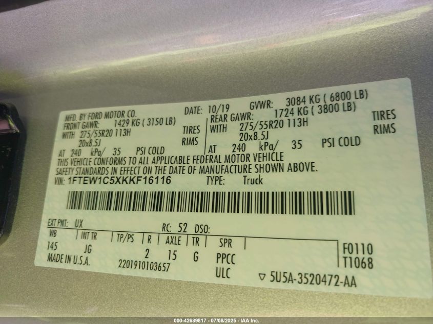 2019 Ford F-150 VIN: 1FTEW1C5XKS16116 Lot: 42689817