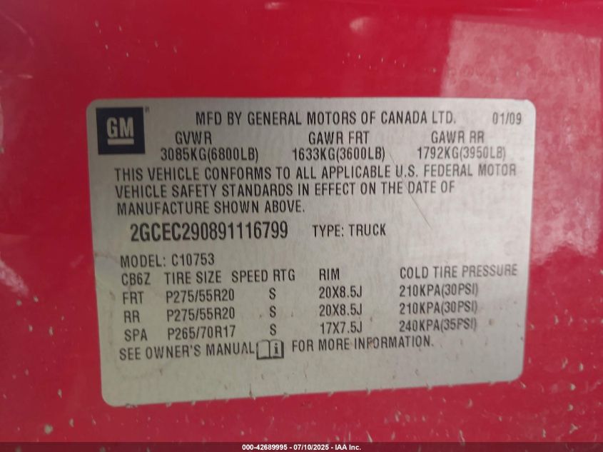 2009 Chevrolet Silverado 1500 Lt VIN: 2GCEC290891116799 Lot: 42689995