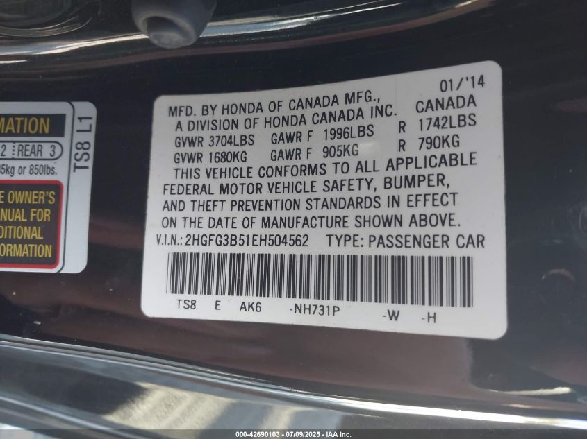 2014 Honda Civic Lx VIN: 2HGFG3B51EH504562 Lot: 42690103