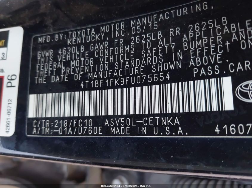 2015 Toyota Camry Le VIN: 4T1BF1FK9FU075654 Lot: 42690184