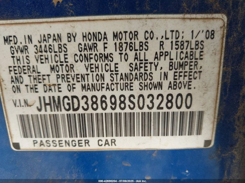 2008 Honda Fit Sport VIN: JHMGD38698S032800 Lot: 42690204