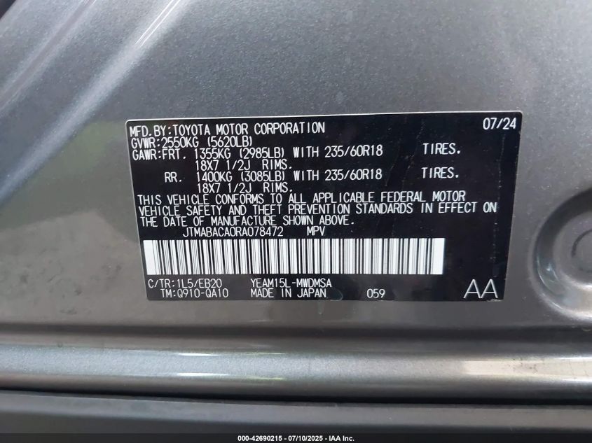 2024 Toyota Bz4X Xle VIN: JTMABACA0RA078472 Lot: 42690215