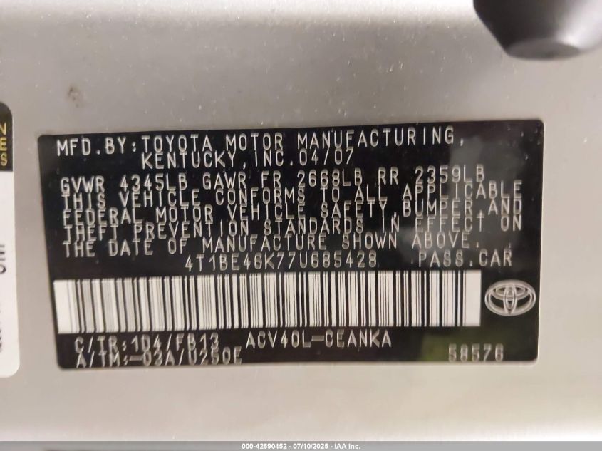 2007 Toyota Camry Le VIN: 4T1BE46K77U685428 Lot: 42690452