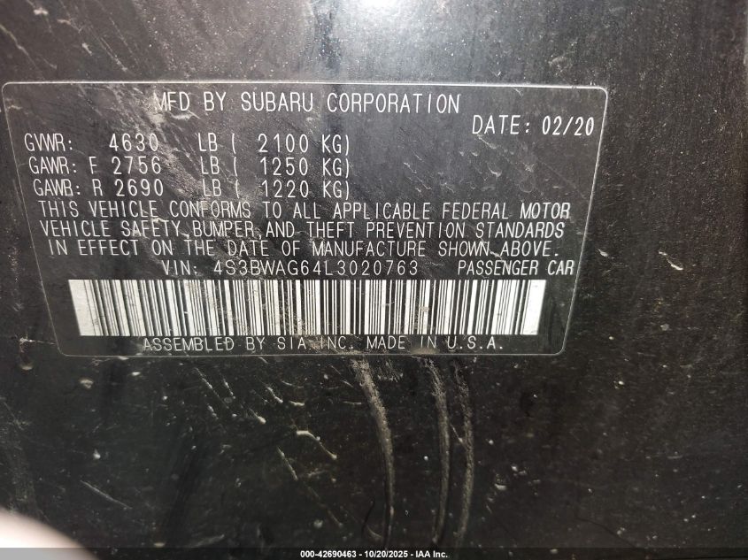 2020 Subaru Legacy Sport VIN: 4S3BWAG64L3020763 Lot: 42690463