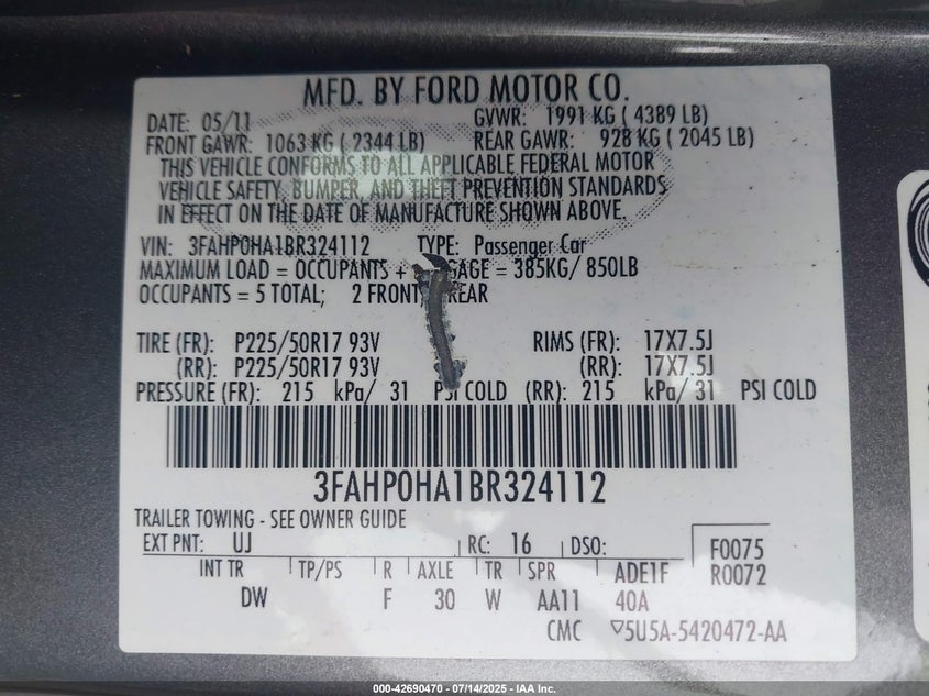 2011 Ford Fusion Se VIN: 3FAHP0HA1BR324112 Lot: 42690470