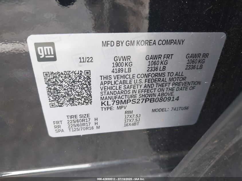 2023 Chevrolet Trailblazer Fwd Lt VIN: KL79MPS27PB080914 Lot: 42690513