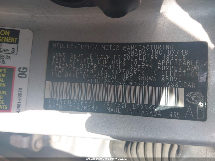 VIN 2T1BURHE7KC148933 2019 TOYOTA COROLLA LE